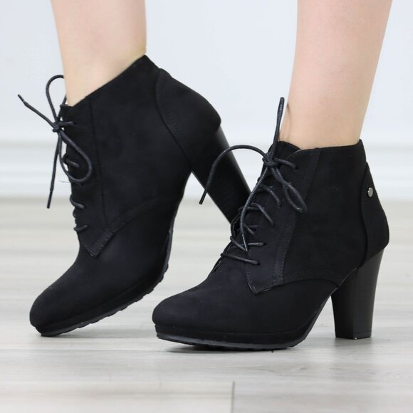 Womens Ankle Boots Lace Up Block Heel Booties Black Faux Suede - Picture 11 of 12